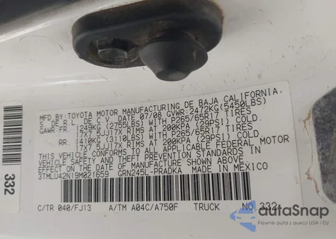 2009 Toyota Tacoma Base V6 z USA, uszkodzony, nr VIN 3TMLU42N19M021659